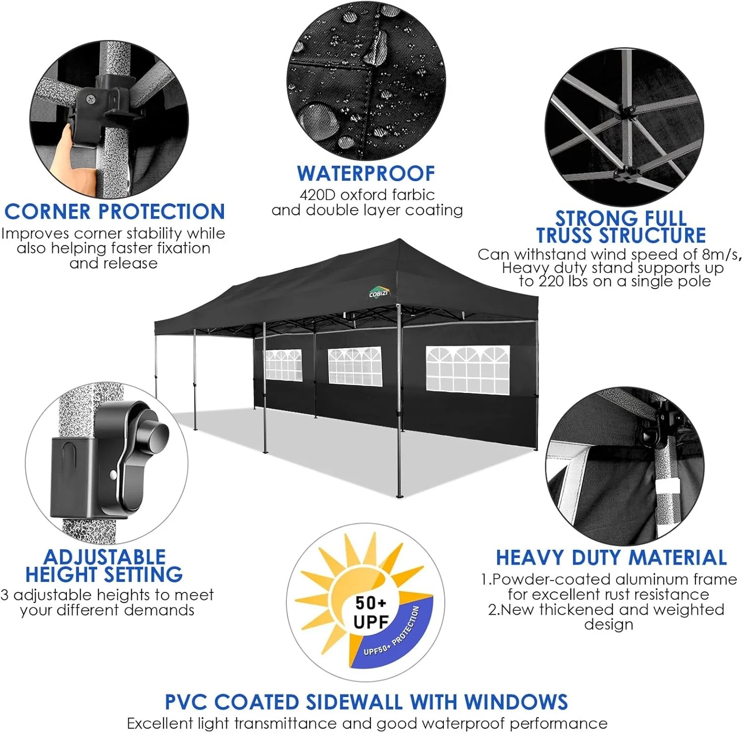 In Stock Pure Value COBIZI 10x20 Heavy Duty Pop up Canopy Tent with 6 Sidewalls Black Functional