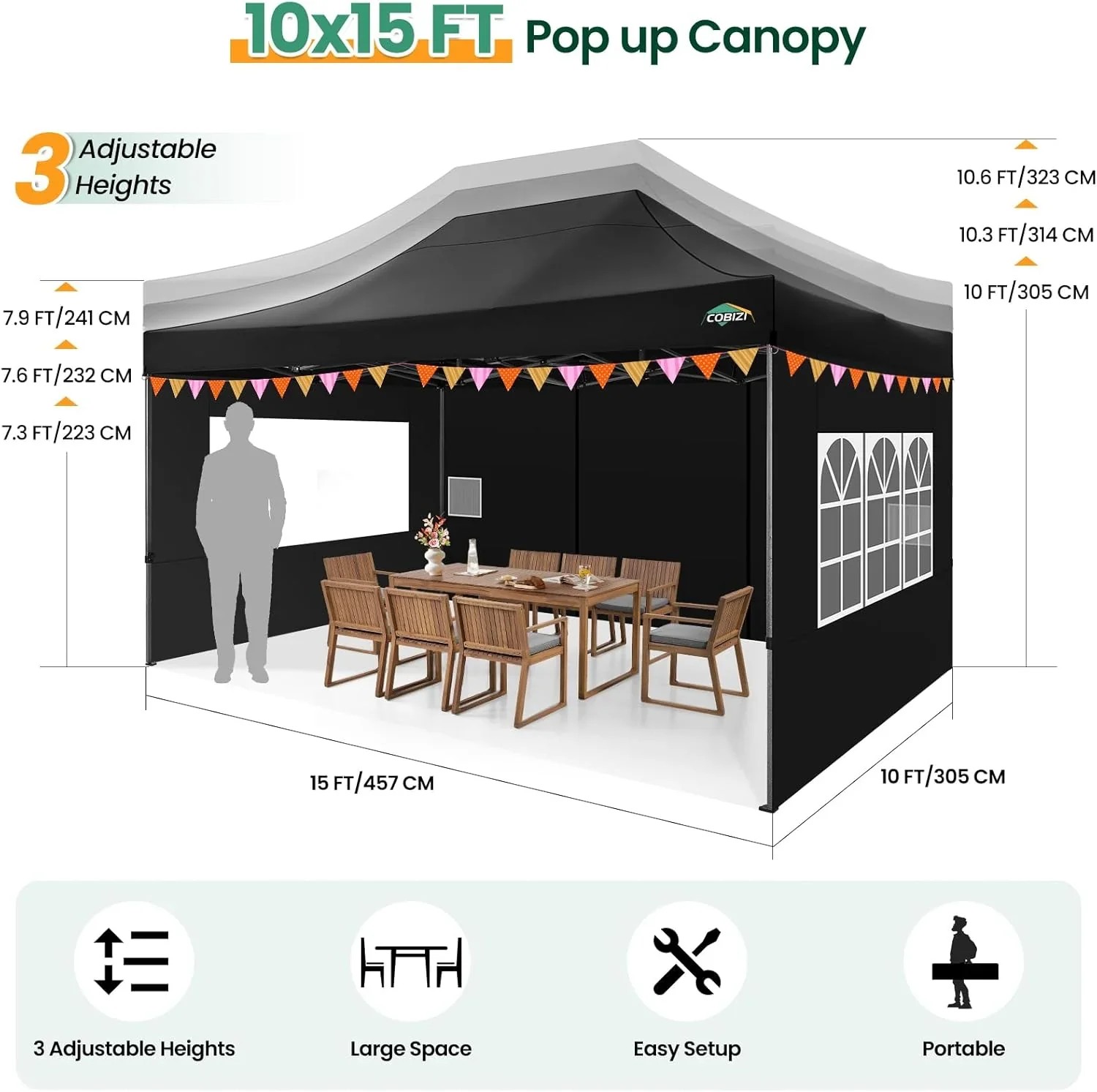 In Stock Pure Value COBIZI 10x20 Heavy Duty Pop up Canopy Tent with 6 Sidewalls Black Functional
