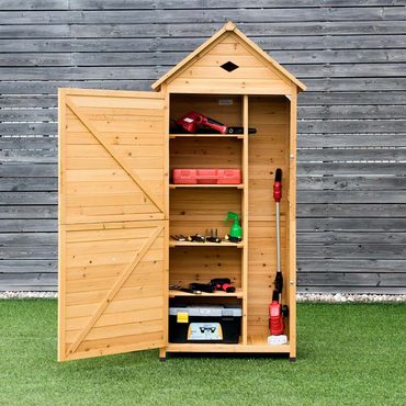 Economy Basic Line 63" Wood Outdoor Storage Shed Lockable Garden Tools Storage Cabinet with 5 Shelves, Galvanized Sheet Roof Improved