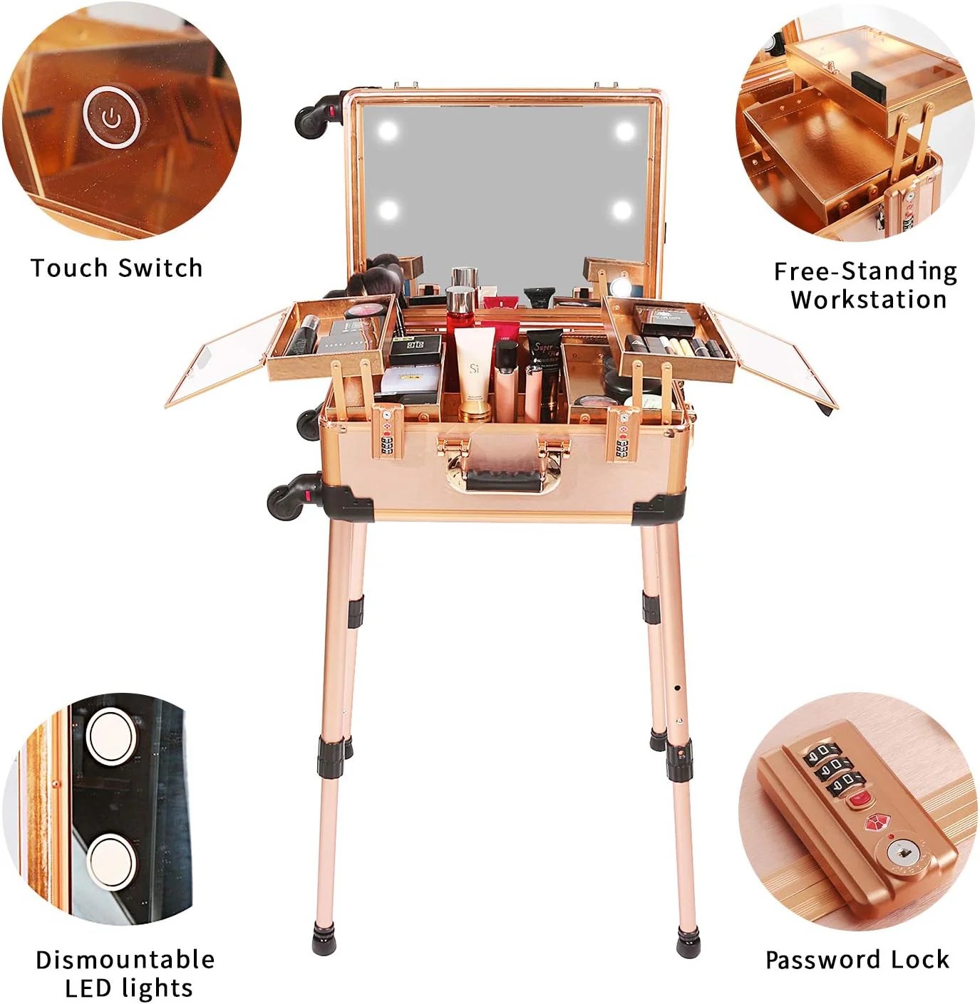 Limited Everyday Co Medium Makeup Train Case Code Lock Lighted Mirror Speaker Travel Cosmetic Rose Gold Practical