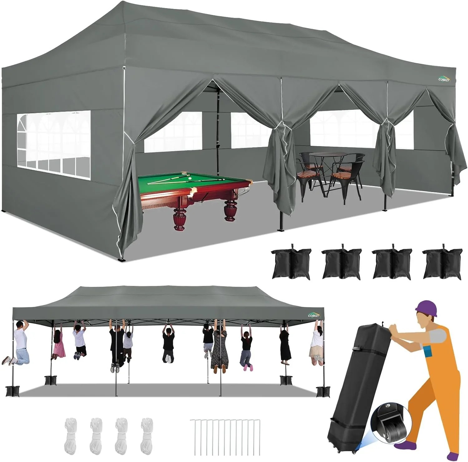 In Stock Pure Value COBIZI 10x20 Heavy Duty Pop up Canopy Tent with 6 Sidewalls Black Functional
