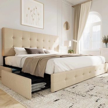 Limited Standard Goods Allewie Upholstered Queen Platform Bed Frame 4 Storage Drawers Headboard Light Grey Budget