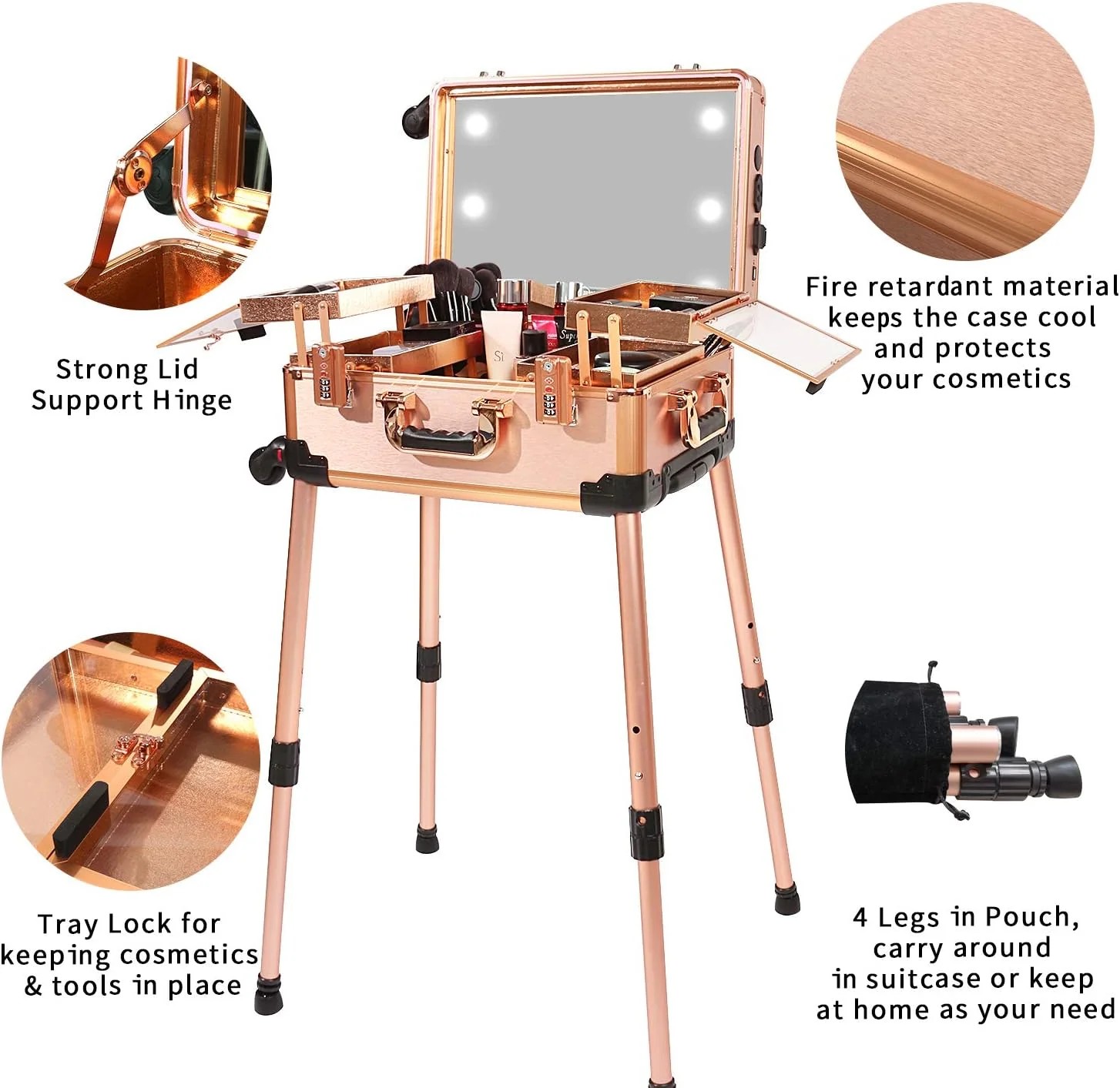 Limited Everyday Co Medium Makeup Train Case Code Lock Lighted Mirror Speaker Travel Cosmetic Rose Gold Practical
