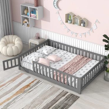 Limited Smart Pick Uhomepro Full Size Kids Floor Bed with Fence & Door, Pine Wood, Playhouse Design Everyday