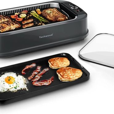 In Stock Direct Source Indoor Grill Techwood 1500W Smokeless Electric Grill Glass Lid Non-Stick Black Universal