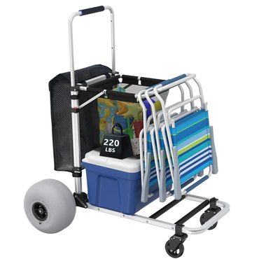 Genuine True Basics Foldable Beach Cart with Adjustable Handle and 12" Balloon Wheels, Heavy Duty Aluminum 220LBS Capacity Enhanced