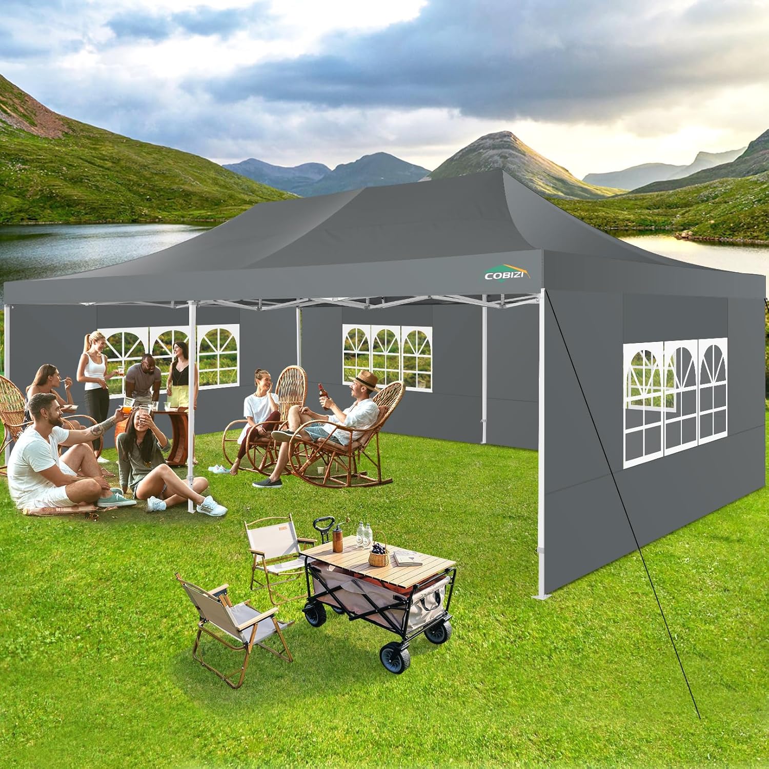 In Stock Pure Value COBIZI 10x20 Heavy Duty Pop up Canopy Tent with 6 Sidewalls Black Functional