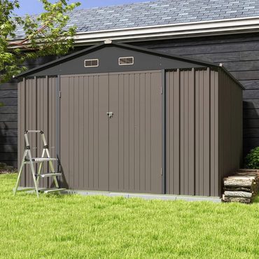 In Stock True Basics Patiowell 10×10 ft Metal Storage Shed, Sloping Roof, Double Lockable Doors, Galvanized Steel, Coffee Brown Distinctive