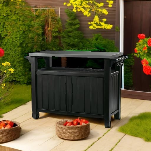 Premium Everyday Co Keter Outdoor Rolling Table Cart for Food Prep, Storage, Bar & Grill, Dark Brown Modern