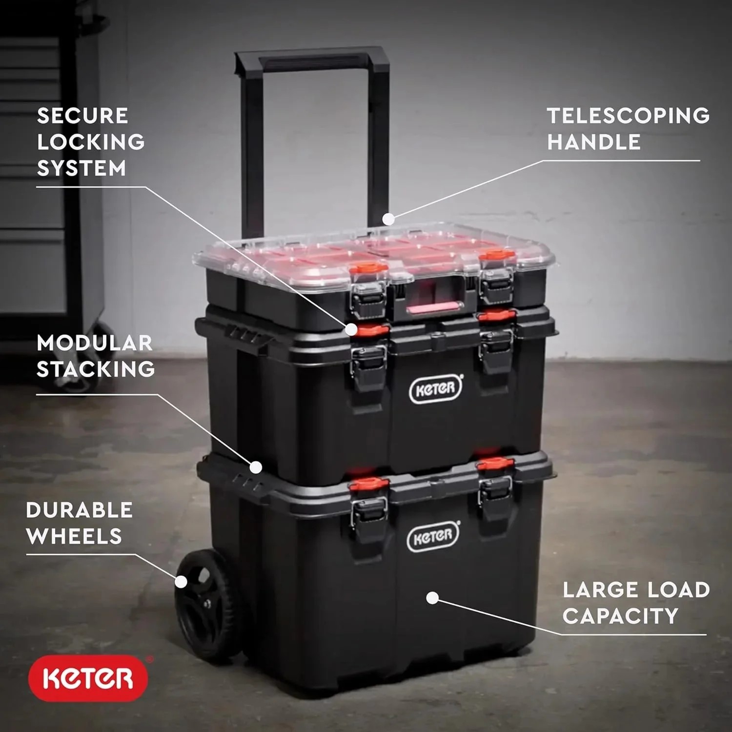 Select Everyday Co Keter Stack-n-Roll Modular Tools Organizer for Garage Storage and DIY 3 Piece Resin Rolling Tool Box System Fine