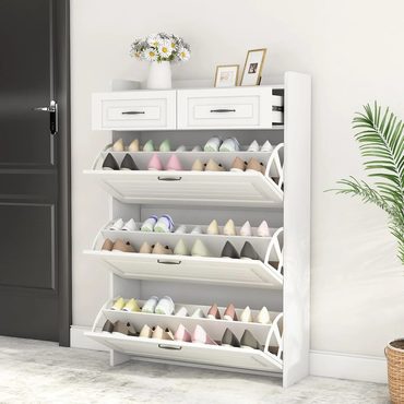 Brand New Basic Line Shoe Cabinet with 3 Large Flip Drawers & 2 Storage Drawers, Narrow Shoe Organizer Cabinet Fits Universal