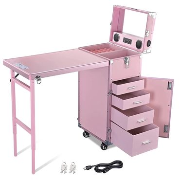 In Season Everyday Co BYOOTIQUE Nail Desk Mobile Station Rolling Makeup Train Case Trolley Cosmetic Manicure Table Mirror 4 Drawers Universal