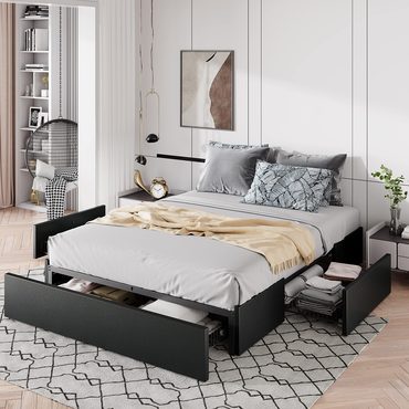 Economy Simple Goods Allewie Queen Size Platform Bed Frame with 3 Storage Drawers Value