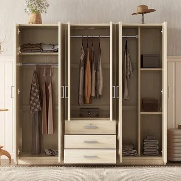 Popular Basic Line 6-Doors Wooden Wardrobe Storage with 3 Big Drawers for Bedroom Value
