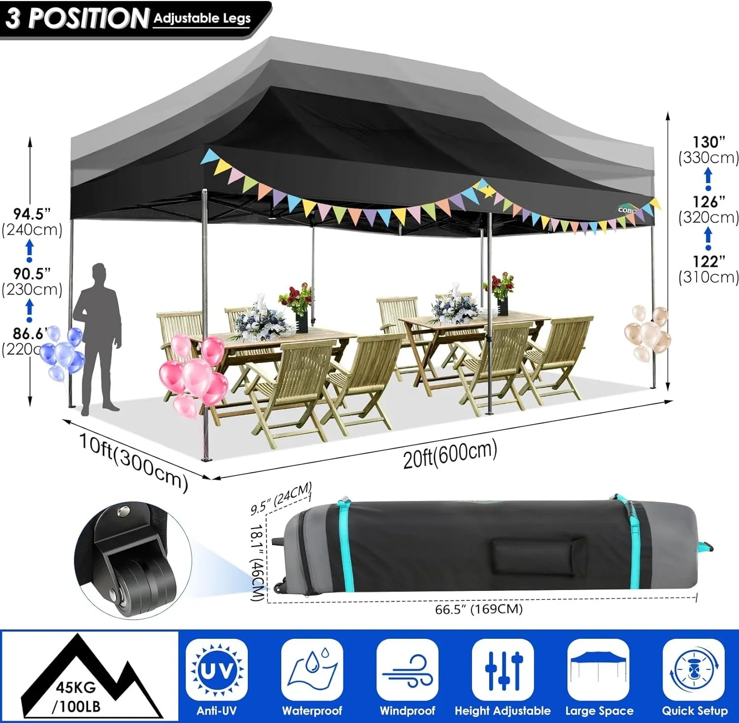 In Stock Pure Value COBIZI 10x20 Heavy Duty Pop up Canopy Tent with 6 Sidewalls Black Functional
