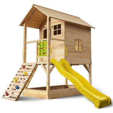Durable Fresh Find ROVO KIDS Wooden Tower Cubby House with Slide, Sandpit, Climbing Wall, Noughts & Crosses, Natural Colour Enhanced