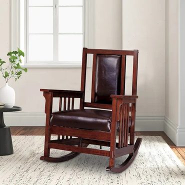 Popular Smart Pick Mission Style Rocking Chair, Leather Upholstered Seat & Back, Tobacco and Dark Brown Fine