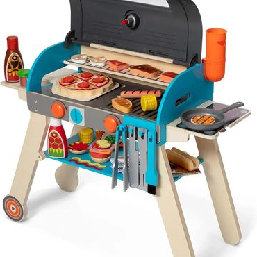 2026 Upgraded Fresh Find Wooden Luxury Grill, Smoker and Pizza Oven Toy Food Toy for Kids Pretend Cooking Fine