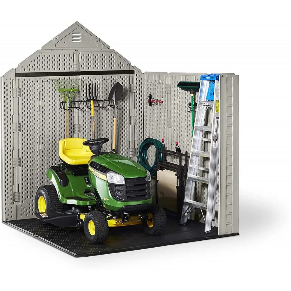 Genuine Open Market Rubbermaid 7x7 Ft Weather Resistant Resin Outdoor Storage Shed with Windows, Sand Practical