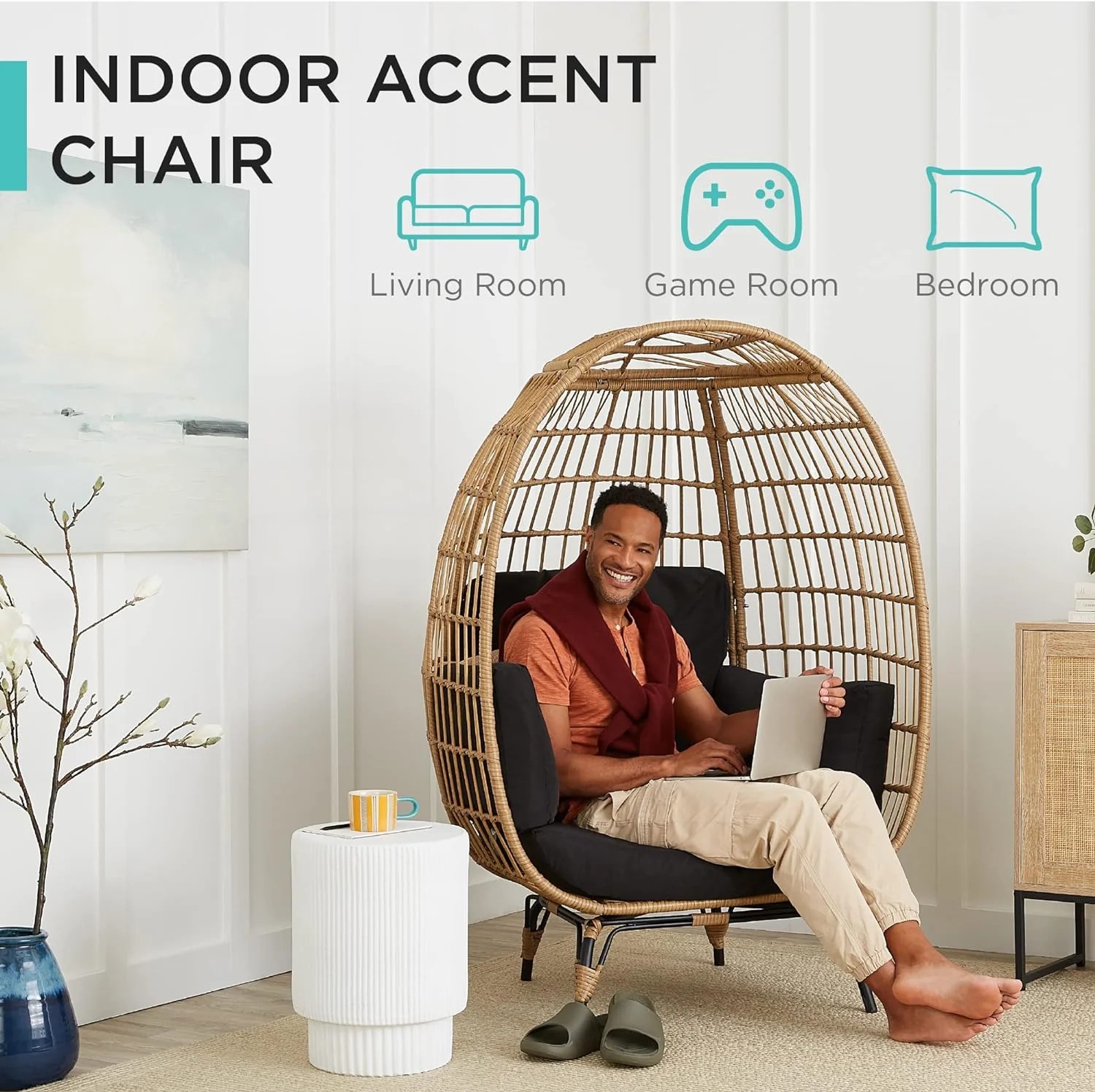 Durable Fresh Find Best Choice Products Wicker Egg Chair Oversized Indoor Outdoor Lounger Ivory Distinctive