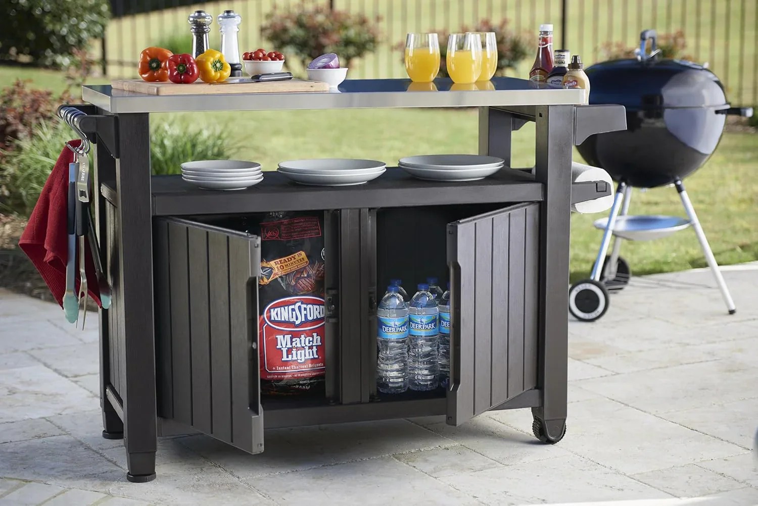 Premium Everyday Co Keter Outdoor Rolling Table Cart for Food Prep, Storage, Bar & Grill, Dark Brown Modern