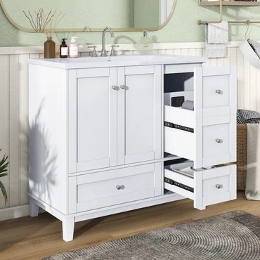 Durable Basic Line 36 Inch Bathroom Vanity with USB Charging, Resin Sink, Solid Wood Frame, 3 Drawers Storage Original