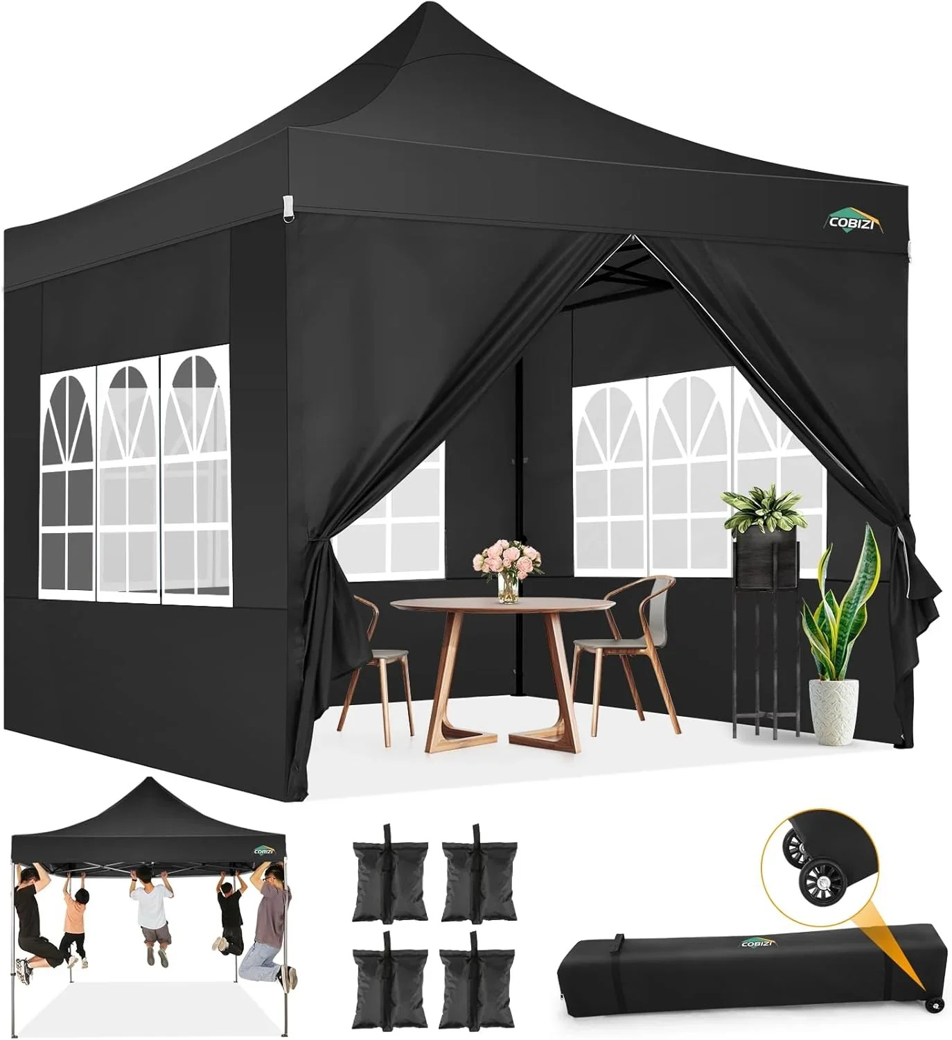 In Stock Pure Value COBIZI 10x20 Heavy Duty Pop up Canopy Tent with 6 Sidewalls Black Functional