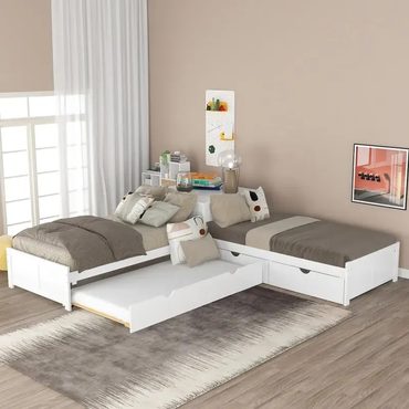 Limited Fresh Find White Modern Twin Size L-shaped Platform Bed with Trundle and Drawers for Bedroom Everyday