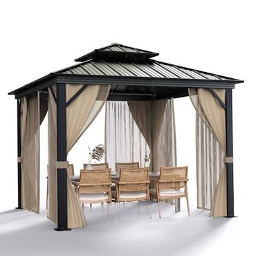 New 2026 Simple Goods 10x10 Hardtop Gazebo Double Metal Roof Aluminum Frame Net Curtain Khaki Reliable