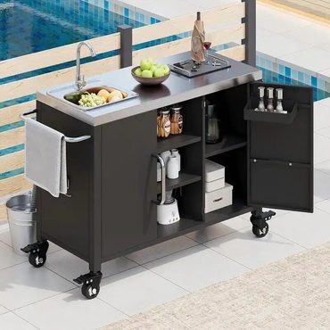 New 2026 Fresh Find Outdoor Kitchen Island with Sink, Outdoor Bar Cart Sink Station with 4 Lockable Wheels Distinctive