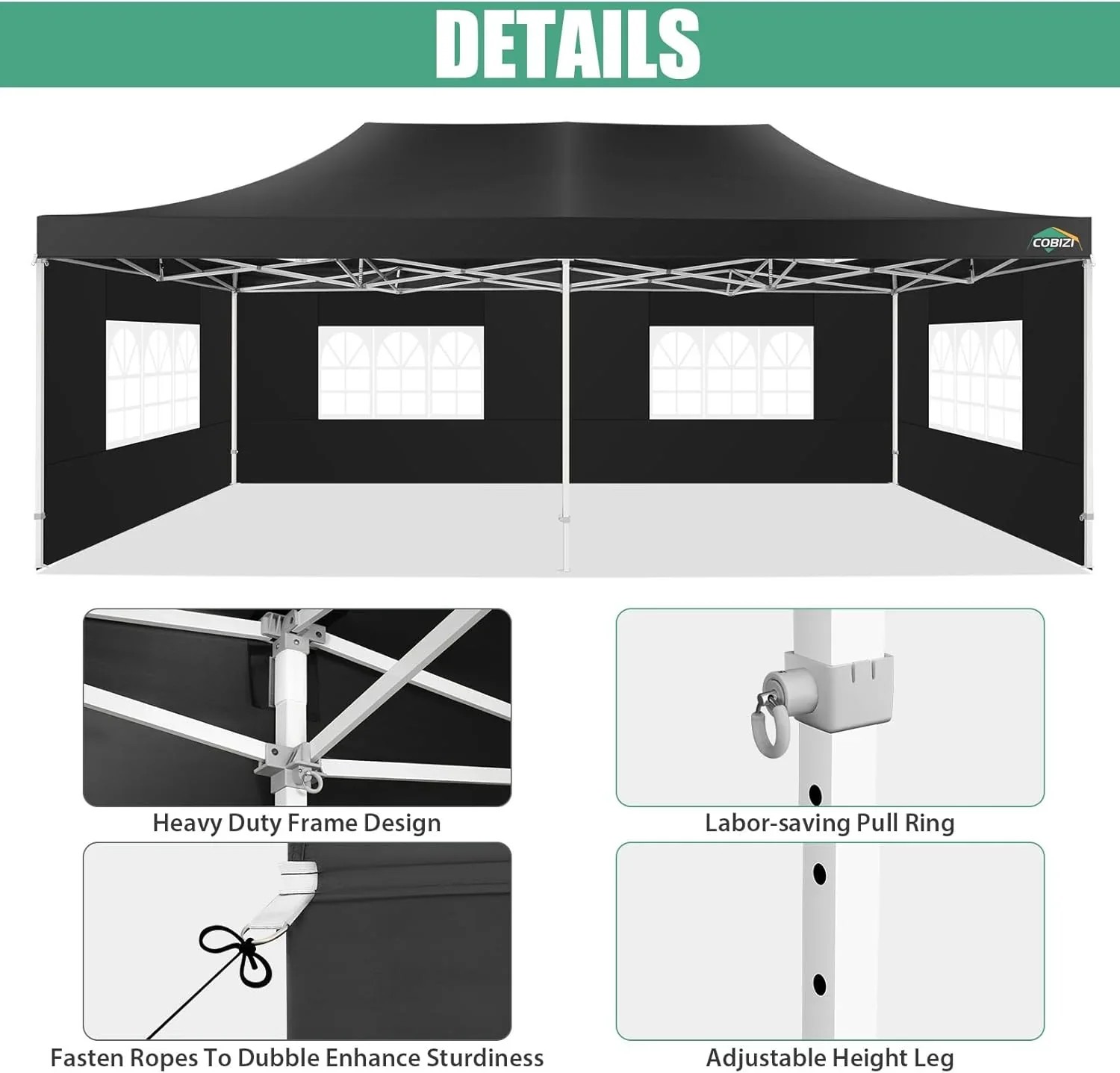In Stock Pure Value COBIZI 10x20 Heavy Duty Pop up Canopy Tent with 6 Sidewalls Black Functional