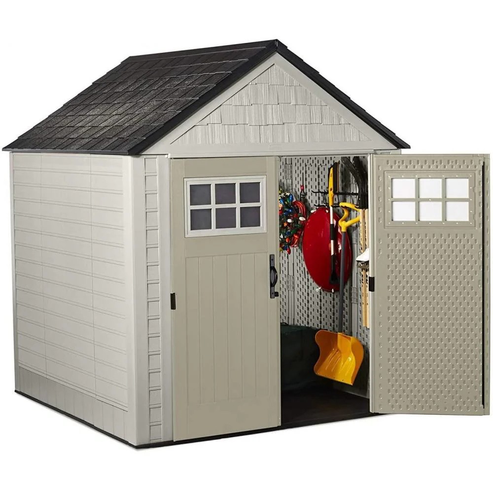 Genuine Open Market Rubbermaid 7x7 Ft Weather Resistant Resin Outdoor Storage Shed with Windows, Sand Practical