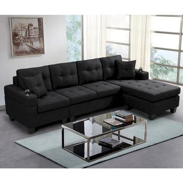 Genuine Basic Line Sectional Sofa Living Room with L Shape Chaise Lounge and cup holder Enhanced