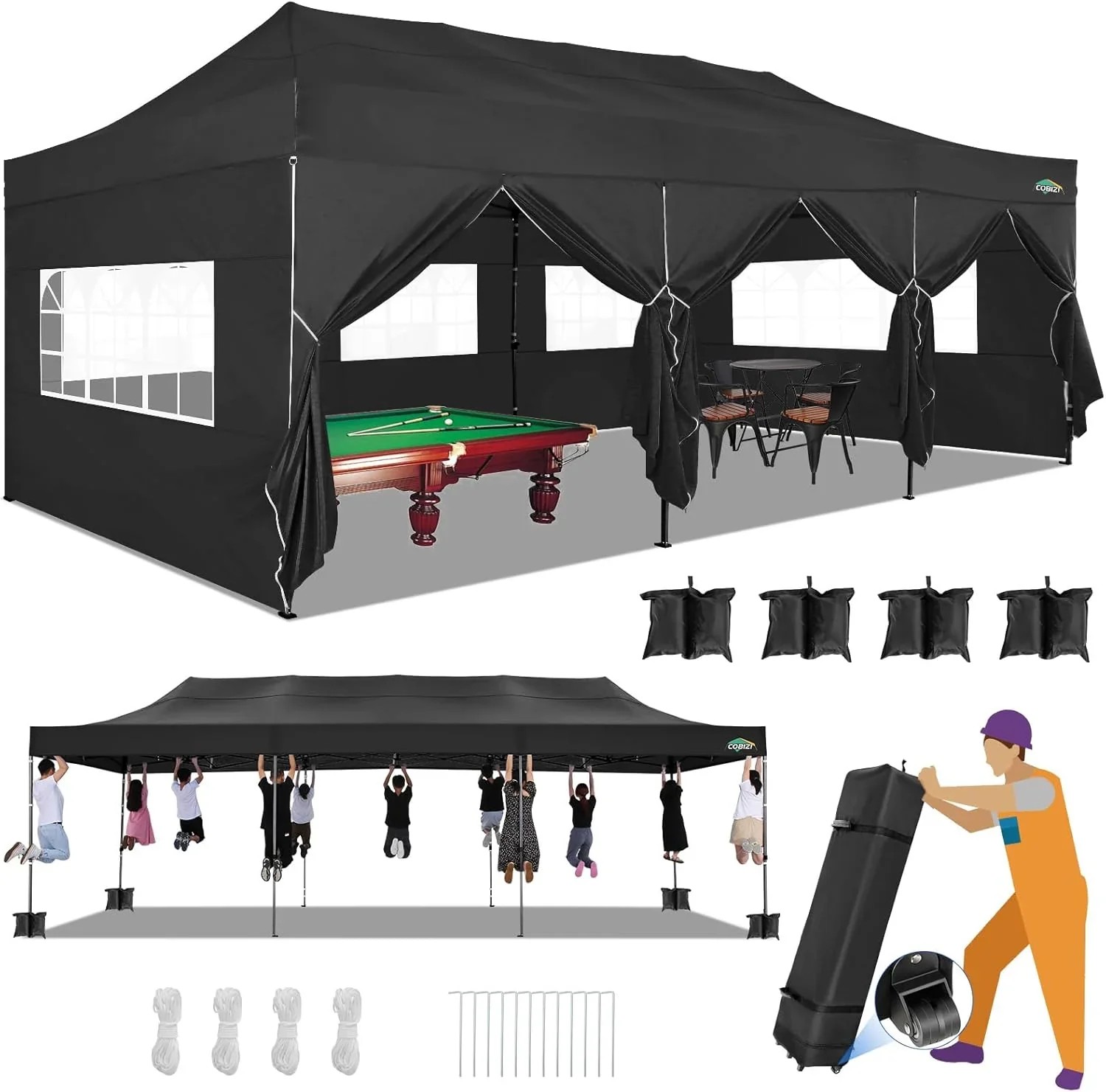 In Stock Pure Value COBIZI 10x20 Heavy Duty Pop up Canopy Tent with 6 Sidewalls Black Functional