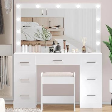 Limited True Basics Vanity Desk with Stool, Makeup Table with Lighted Mirror, 3 Color Lighting Modes Fine