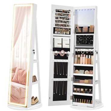In Stock True Basics LED Mirror Jewelry Cabinet Standing Jewelry Armoire Organizer Box with Full-Length Mirror and Adjustable LED L Functional