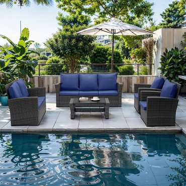 Limited Open Market Wisteria Lane 4 Piece Outdoor Patio Furniture Set Wicker Rattan Sofa Blue Grey Functional
