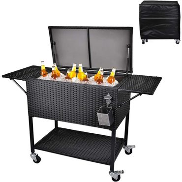 Limited Direct Source 80 Quart Rattan Rolling Cooler Cart, Portable Wicker Cooler Trolley, Backyard Party Drink Beverage Bar Fine