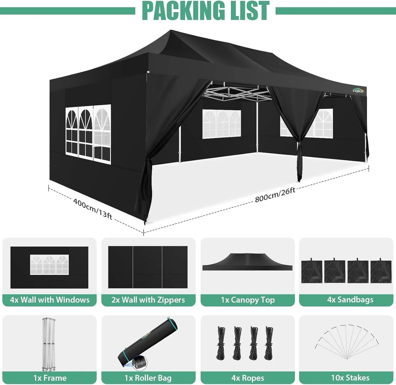 In Stock Pure Value COBIZI 10x20 Heavy Duty Pop up Canopy Tent with 6 Sidewalls Black Functional
