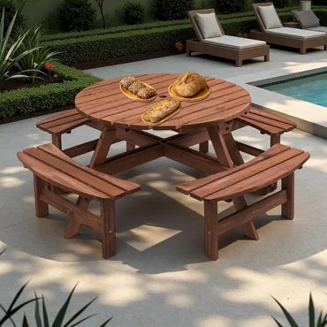 Limited Fresh Find 8-Person Outdoor Patio Fir Wood Round Picnic Dining Set with 4 Built-in Benches and Umbrella Hole Universal