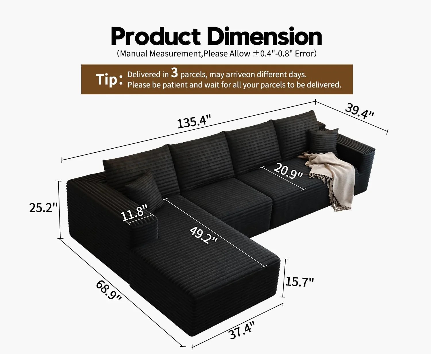 Durable Smart Pick 5" Cloud Modular Sectional Sofa L-Shape Chaise Deep Seat Black Left Facing Reliable