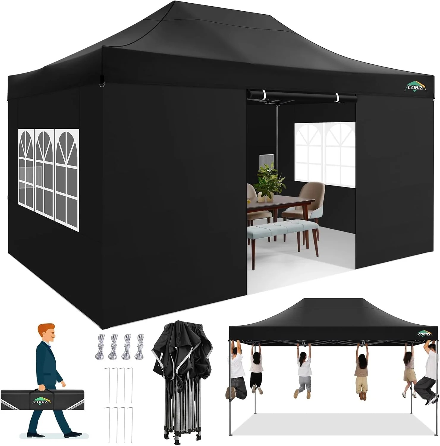 In Stock Pure Value COBIZI 10x20 Heavy Duty Pop up Canopy Tent with 6 Sidewalls Black Functional