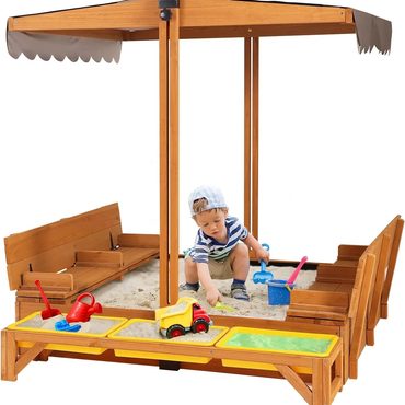 2026 Debut Everyday Co Kids Wooden Outdoor Sandbox with Canopy 47x47-Inch Fine