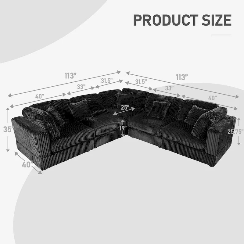 Select Direct Source Oversized 6-Piece Corduroy Upholstered L-Shaped Modular Sectional Sofa, DIY Combination Original