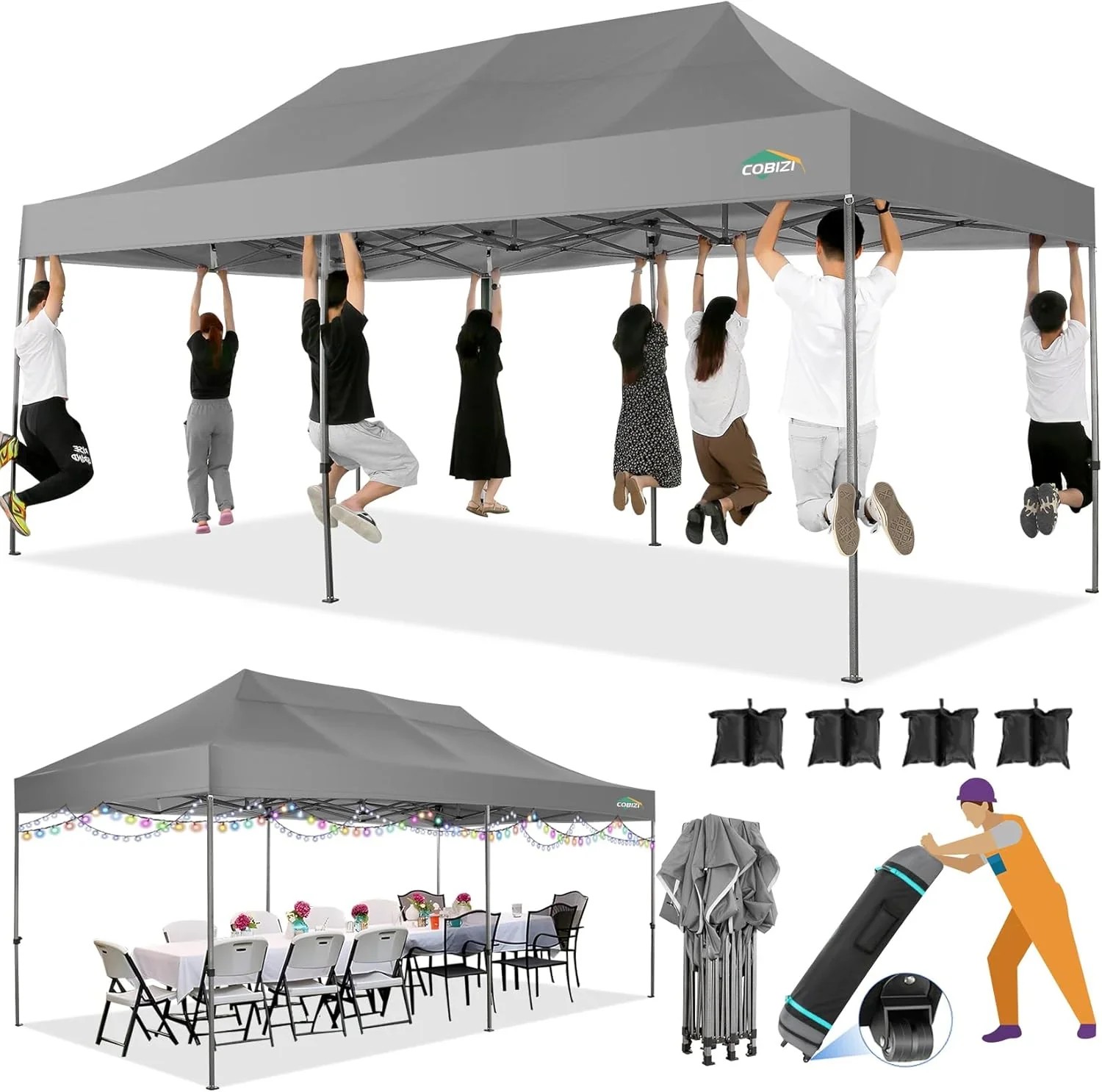 In Stock Pure Value COBIZI 10x20 Heavy Duty Pop up Canopy Tent with 6 Sidewalls Black Functional