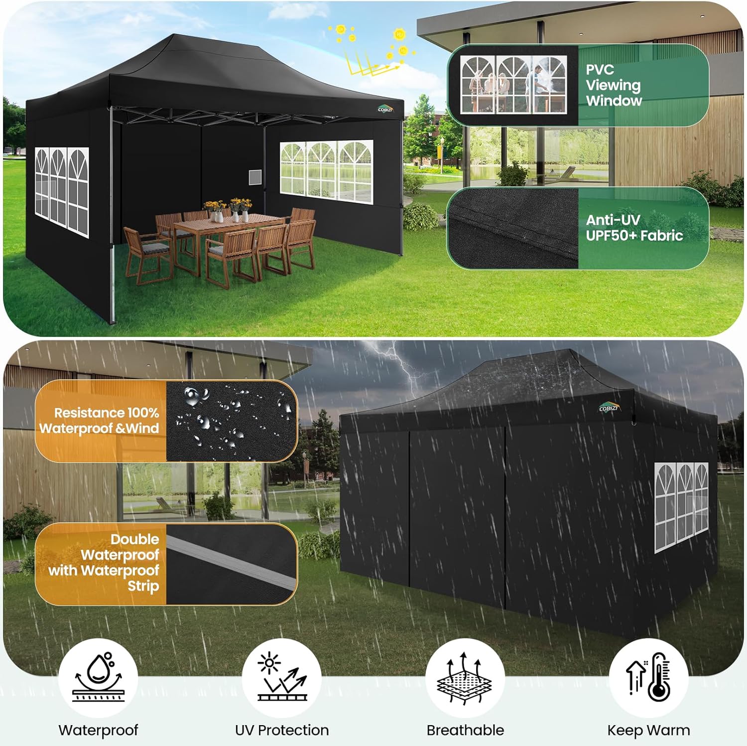 In Stock Pure Value COBIZI 10x20 Heavy Duty Pop up Canopy Tent with 6 Sidewalls Black Functional