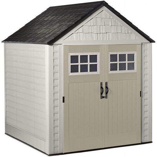 Genuine Open Market Rubbermaid 7x7 Ft Weather Resistant Resin Outdoor Storage Shed with Windows, Sand Practical