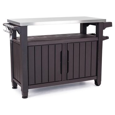 Brand New Pure Value Keter Unity XL Outdoor Durable Kitchen Rolling Bar Cart with Storage Cabinet, Brown Sound