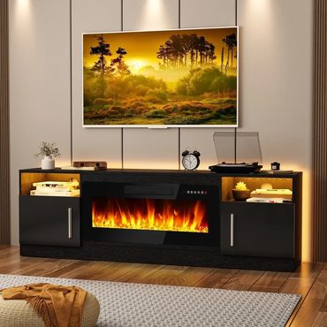 Essential True Basics Bossin 70 Fireplace TV Stand with 36 Electric Fireplace LED Lights Black Distinctive