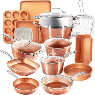Economy Basic Line Hammered Copper 20 Pc Ceramic Cookware Set Nonstick Pots and Pans PFOA Free Value